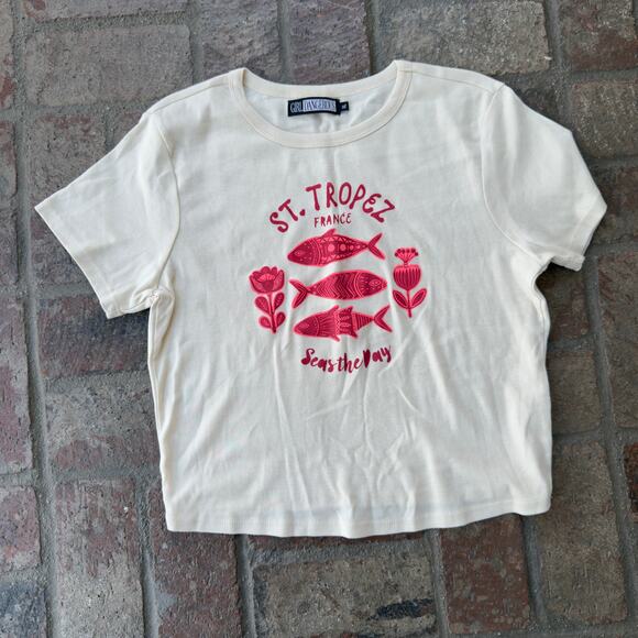Girl Dangerous St Tropez France Fish Flower Printed T-Shirt Cropped Cream XL - Picture 1 of 4